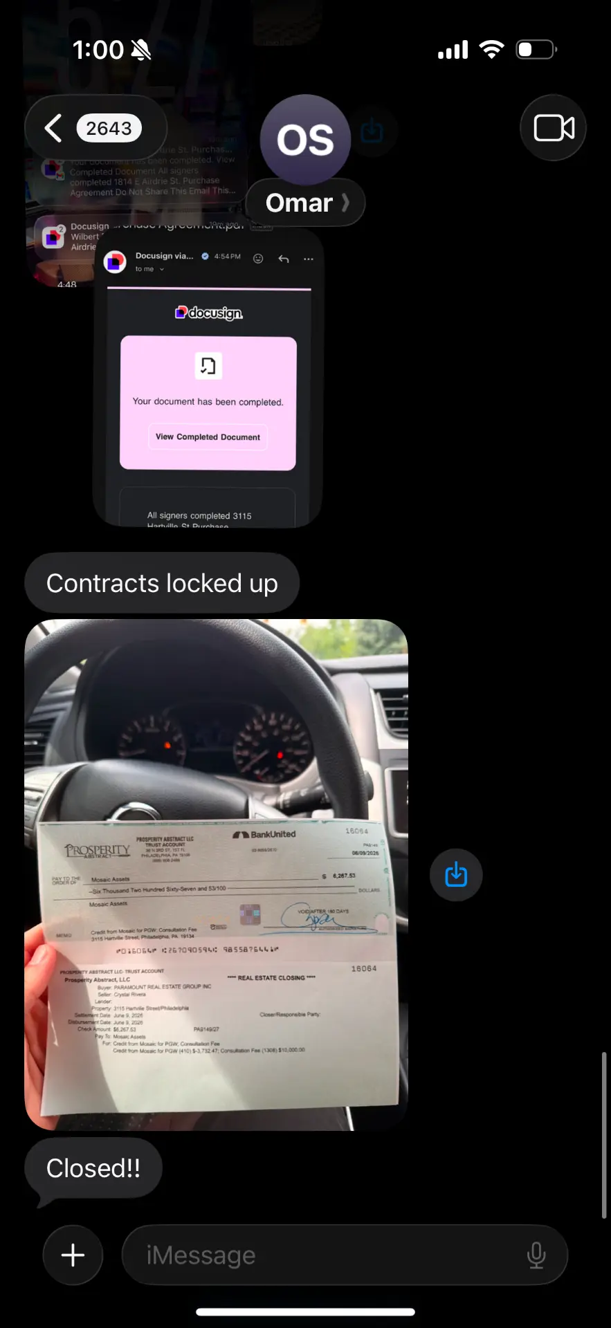Student text message: contracts locked up and a closing check received