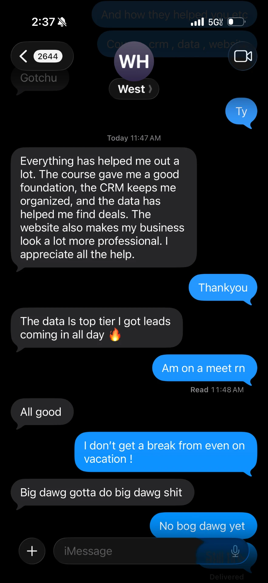 Student text message praising the course, CRM and data for finding deals