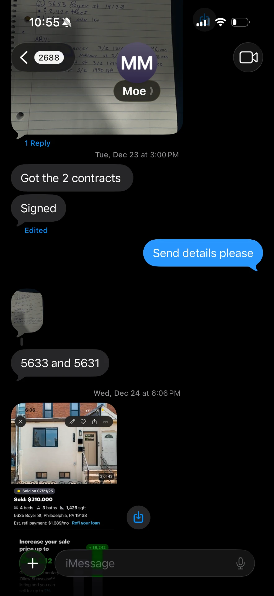 Student text message: got two contracts signed on wholesale deals